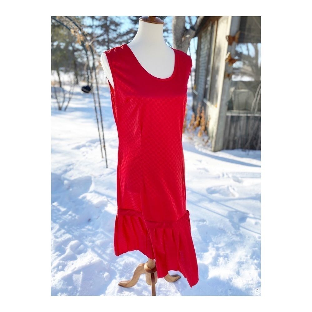 1980s Drop Waist Red Satin Dress Jacquard 20s Style Flapper Sz M Sleeveless